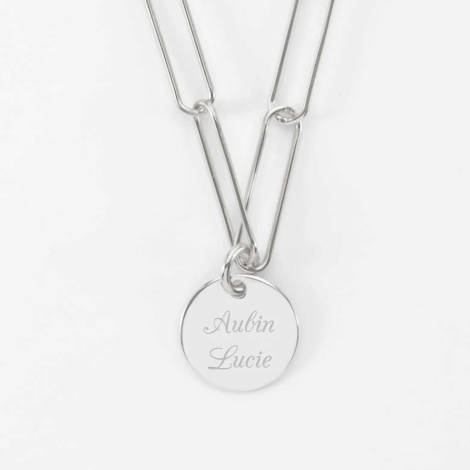 Collier personnalisé grandes mailles médaille gravée argent 15 mm
