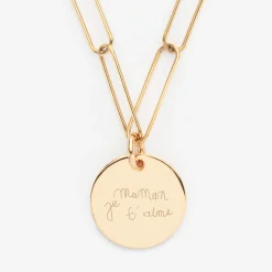 Collier personnalisé grandes mailles médaille gravée plaqué or 19 mm