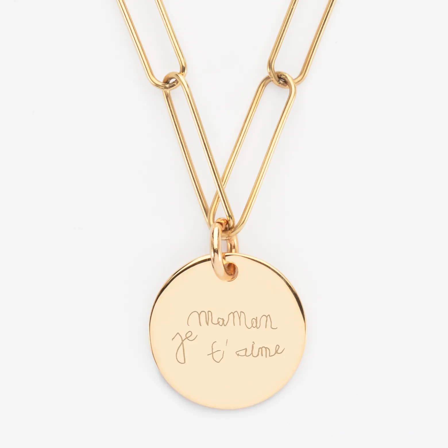 Collier personnalisé grandes mailles médaille gravée plaqué or 19 mm