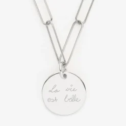 Collier personnalisé grandes mailles médaille gravée argent 19 mm