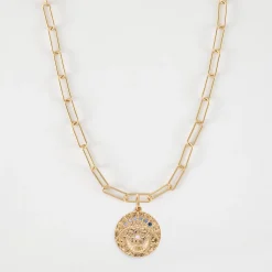 Collier personnalisé petites mailles médaille Lune zircons crépuscule gravée plaqué or 16 mm
