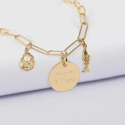 Collier personnalisé petites mailles médaille gravée plaqué or 15 mm et breloque(s) summer - à composer