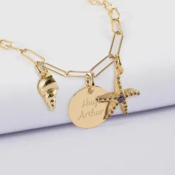 Collier personnalisé petites mailles médaille gravée plaqué or 15 mm et breloque(s) summer - à composer