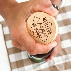 Décapsuleur magnet rond bois gravé 60x60 mm - édition spéciale "Meilleur Papy du monde"