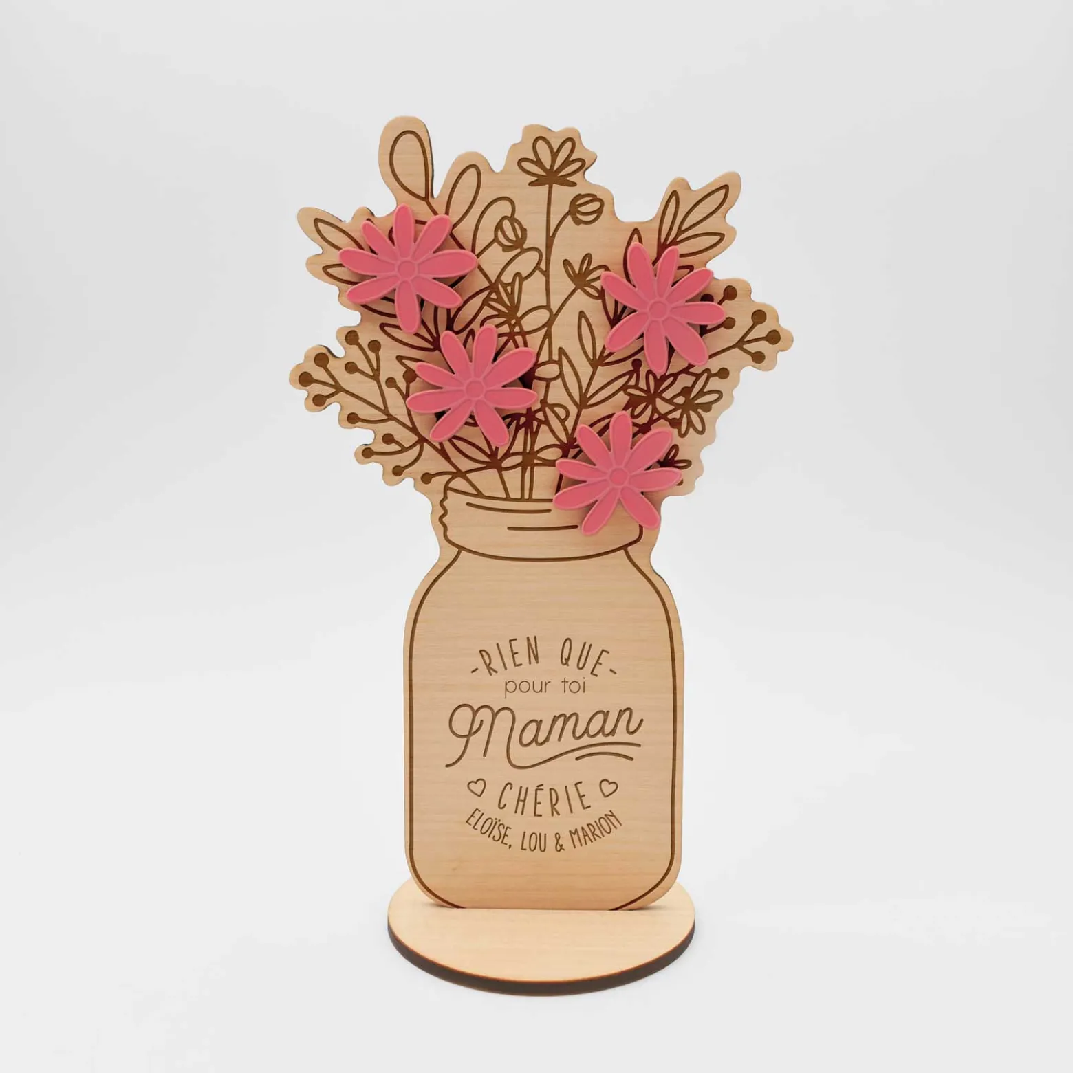 Décoration bouquet de fleurs personnalisé bois gravé 16x9 cm - Edition spéciale "Maman chérie"