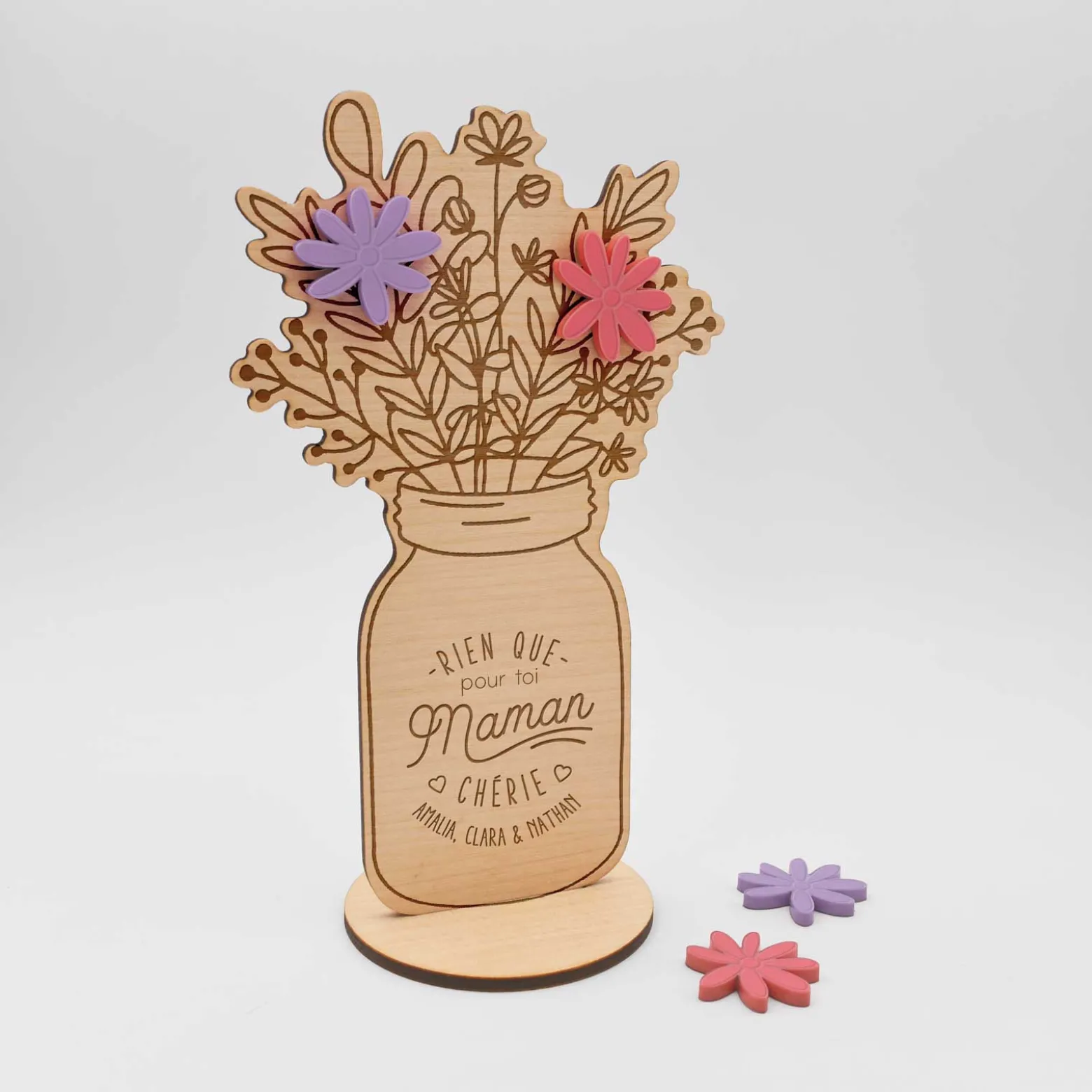 Décoration bouquet de fleurs personnalisé bois gravé 16x9 cm - Edition spéciale "Maman chérie"