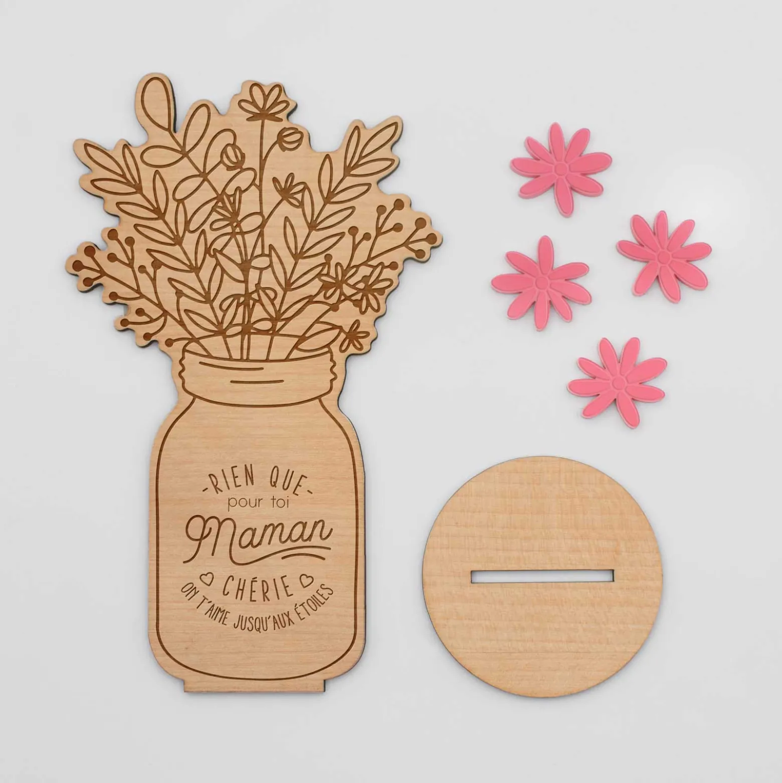 Décoration bouquet de fleurs personnalisé bois gravé 16x9 cm - Edition spéciale "Maman chérie"