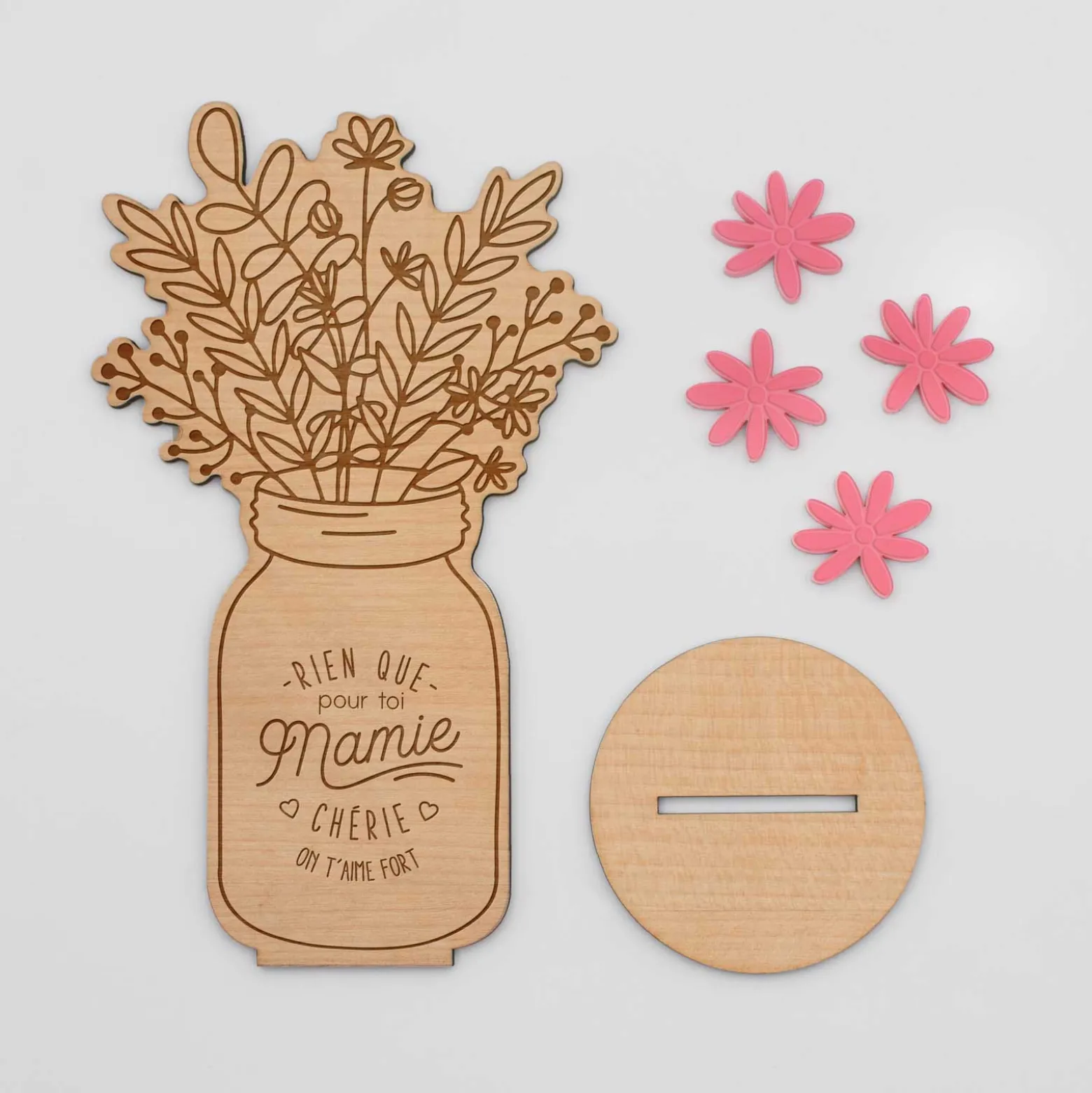 Décoration bouquet de fleurs personnalisé bois gravé 16x9 cm - Edition spéciale "Mamie chérie"