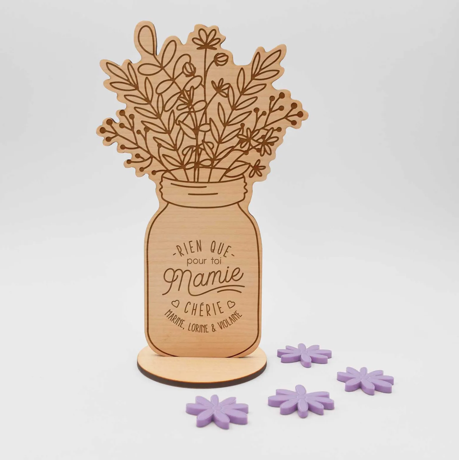 Décoration bouquet de fleurs personnalisé bois gravé 16x9 cm - Edition spéciale "Mamie chérie"