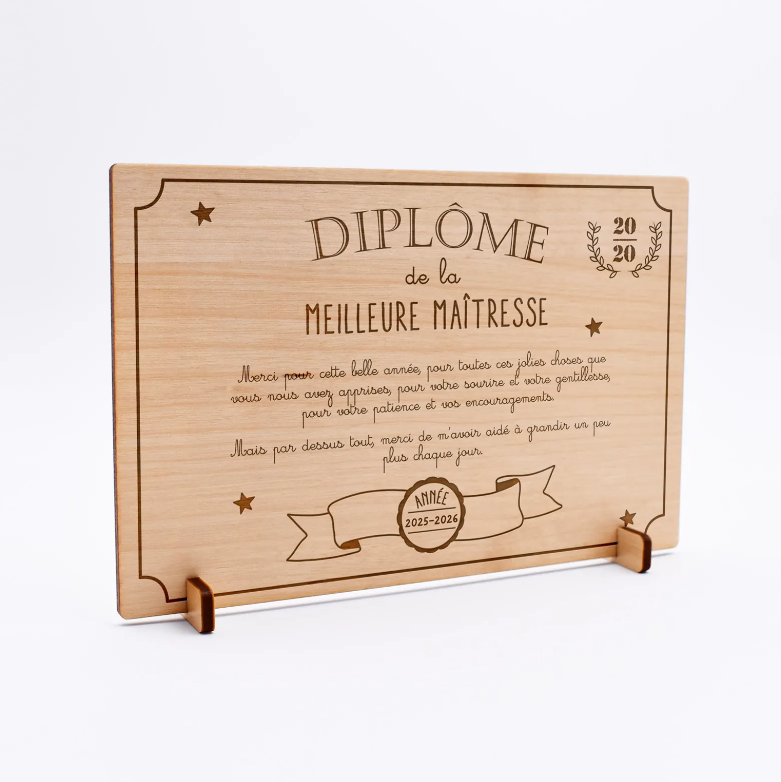 Diplôme de la meilleure maîtresse personnalisé bois gravé 15x10 cm avec support