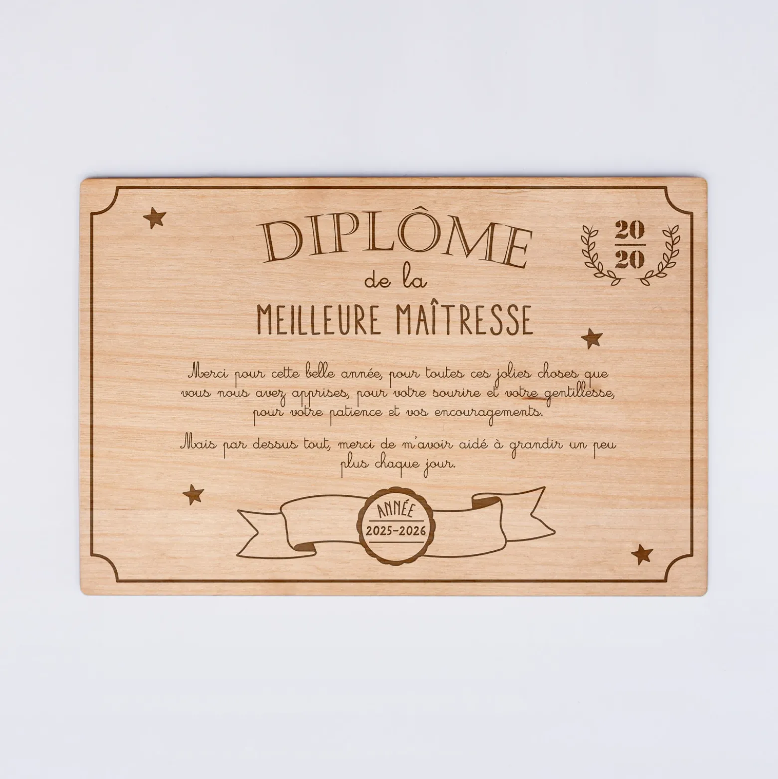 Diplôme de la meilleure maîtresse personnalisé bois gravé 15x10 cm avec support