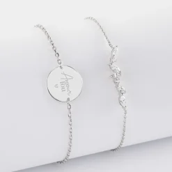 Duo bracelets Mariée personnalisés chaine barrette scintillante et médaille gravée argent 2 trous 15 mm