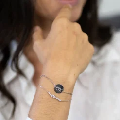 Duo bracelets Mariée personnalisés chaine barrette scintillante et médaille gravée argent 2 trous 15 mm