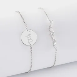 Duo bracelets Mariée personnalisés chaine barrette scintillante et médaille gravée argent 2 trous 15 mm