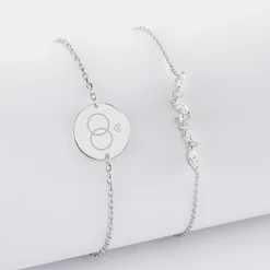 Duo bracelets Mariée personnalisés chaine barrette scintillante et médaille gravée argent 2 trous 15 mm