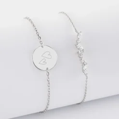 Duo bracelets Mariée personnalisés chaine barrette scintillante et médaille gravée argent 2 trous 15 mm