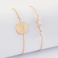 Duo bracelets Mariée personnalisés chaine barrette scintillante et médaille gravée plaqué or 2 trous 15 mm