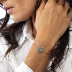 Duo bracelets Mariée personnalisés chaine trio scintillant et médaille gravée argent 2 trous 15 mm