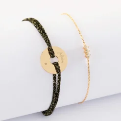 Duo bracelets personnalisés chaine trio scintillant et cordon pailleté médaille gravée plaqué or cible 16 mm