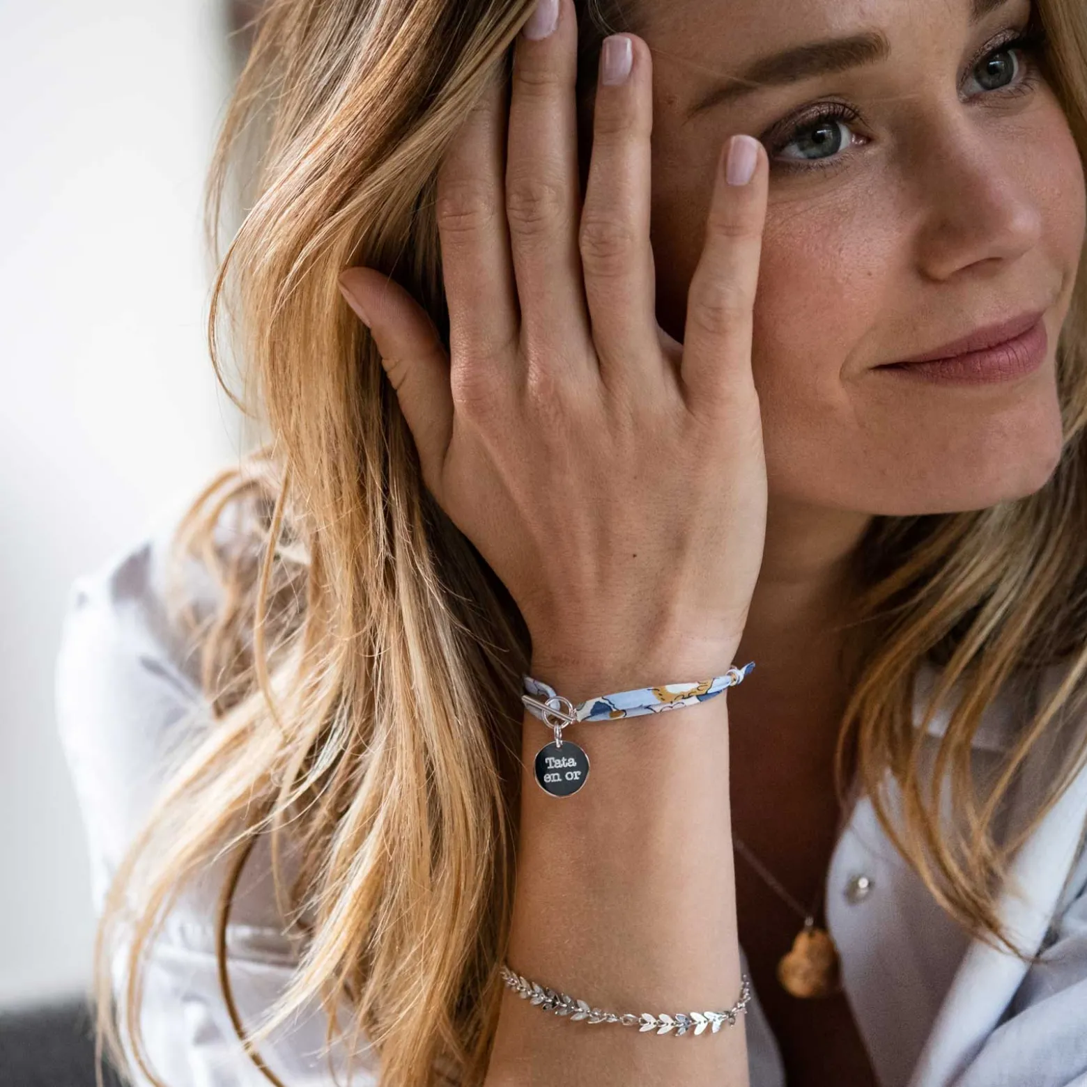 Duo bracelets personnalisés Epi et Liberty fermoir médaille gravée argent 15 mm