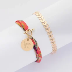 Duo bracelets personnalisés chaine Epi et Liberty fermoir médaille gravée plaqué or 15 mm