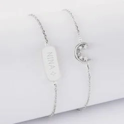 Duo bracelets personnalisés chaine lune scintillante et médaille gravée argent plaque 20x8 mm - HappyBulle x Capucine