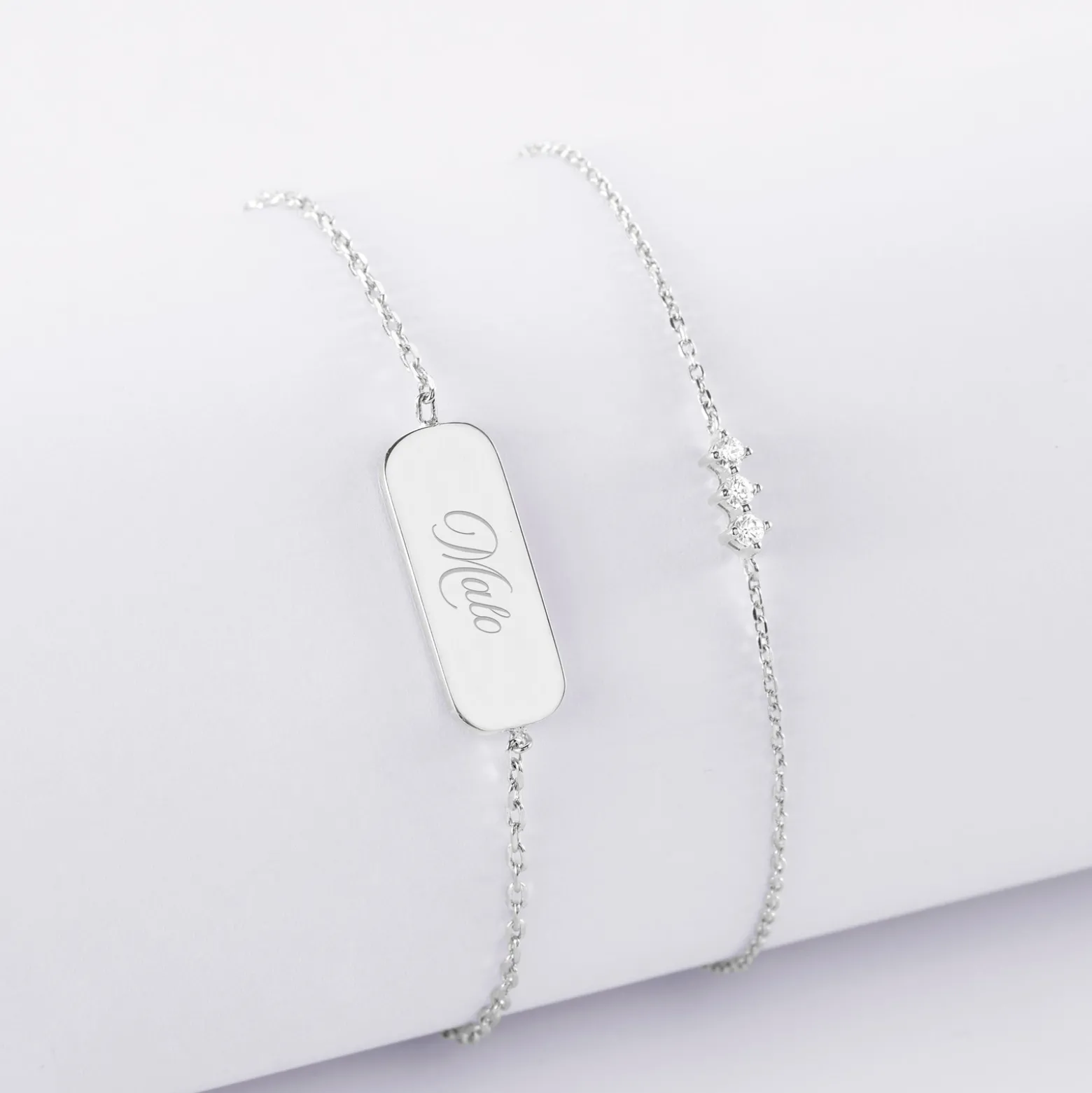 Duo bracelets personnalisés chaine trio scintillant et médaille gravée argent plaque 20x8 mm