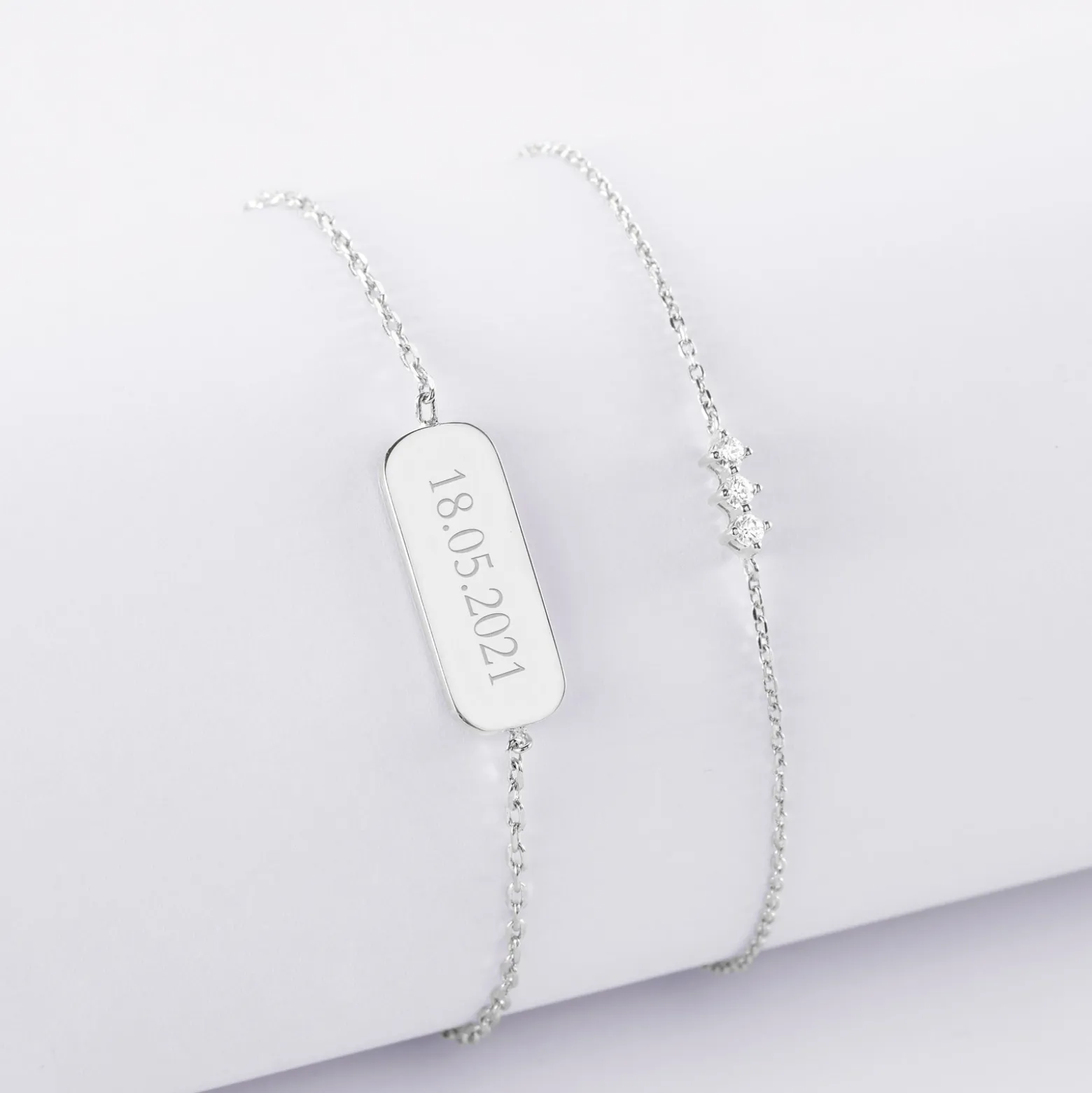 Duo bracelets personnalisés chaine trio scintillant et médaille gravée argent plaque 20x8 mm