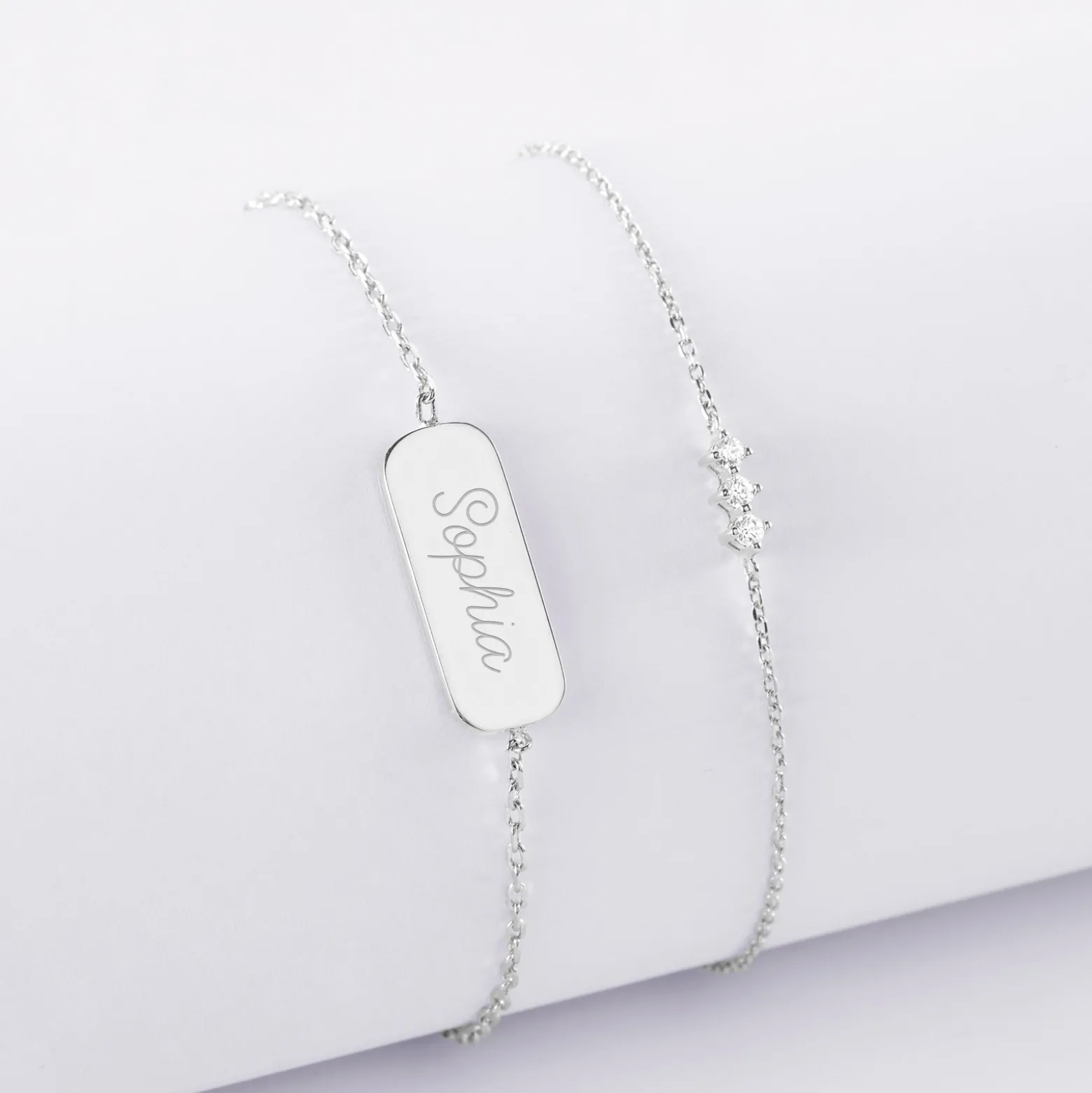 Duo bracelets personnalisés chaine trio scintillant et médaille gravée argent plaque 20x8 mm