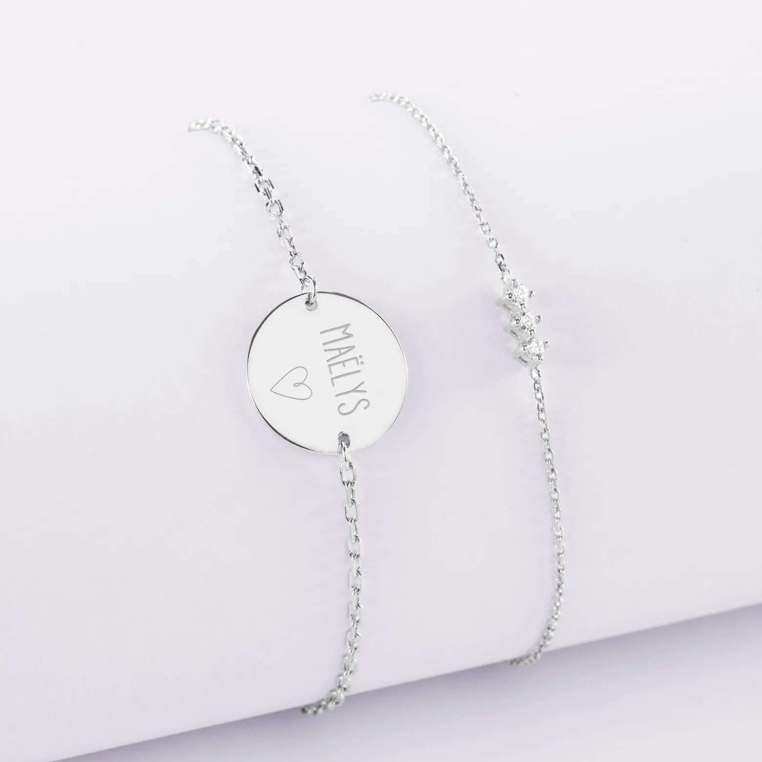 Duo bracelets personnalisés chaine trio scintillant et médaille gravée argent 2 trous 15 mm