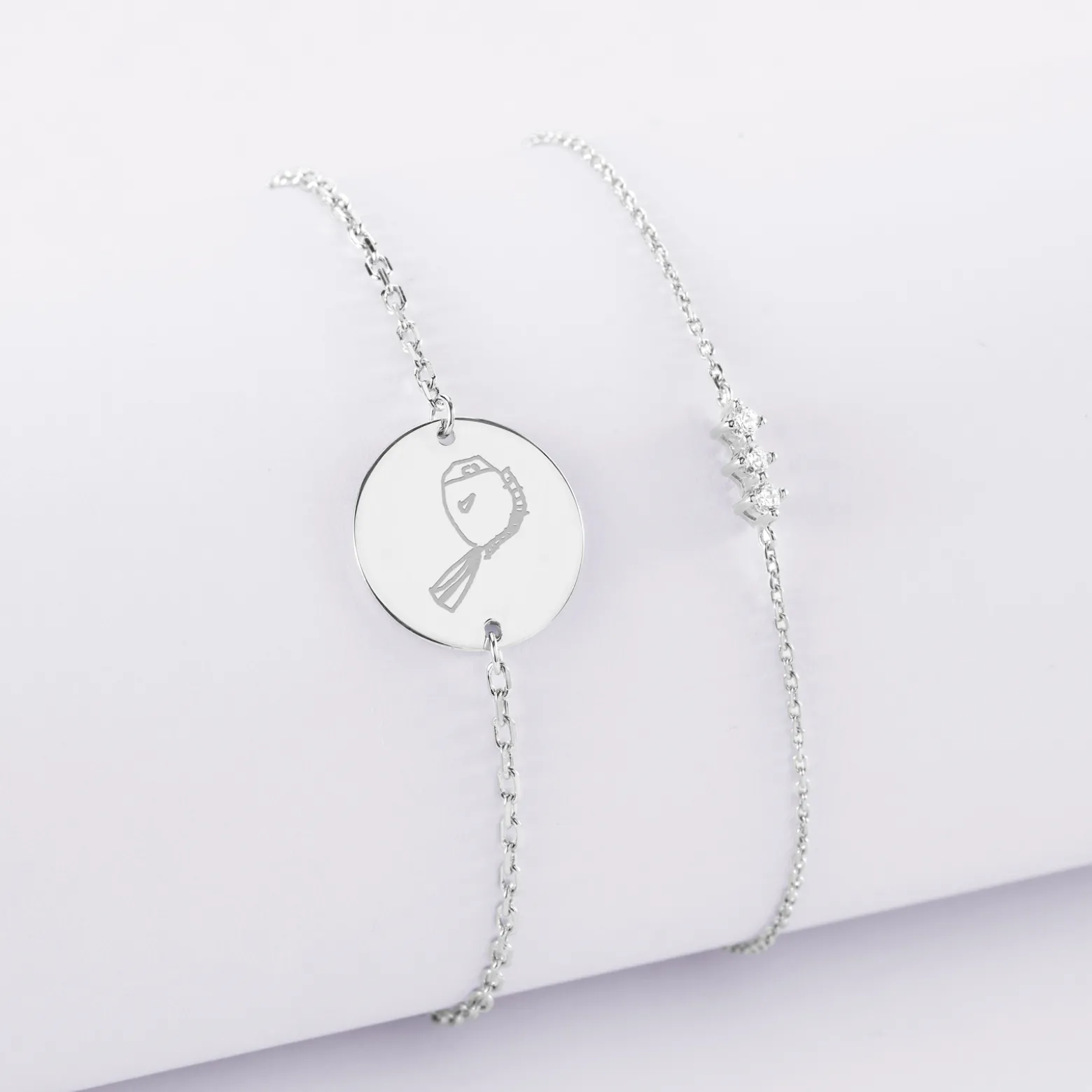 Duo bracelets personnalisés chaine trio scintillant et médaille gravée argent 2 trous 15 mm