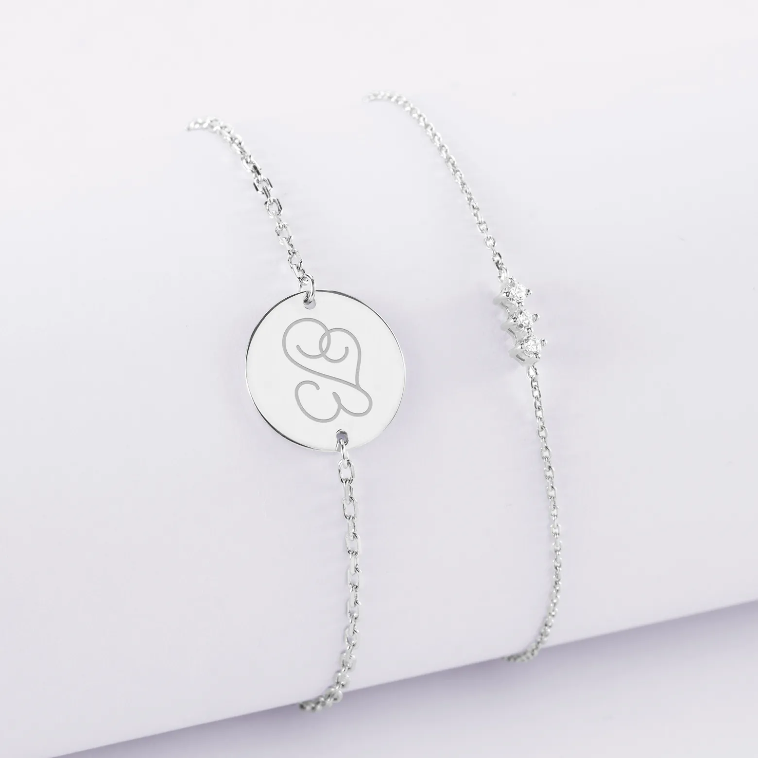 Duo bracelets personnalisés chaine trio scintillant et médaille gravée argent 2 trous 15 mm
