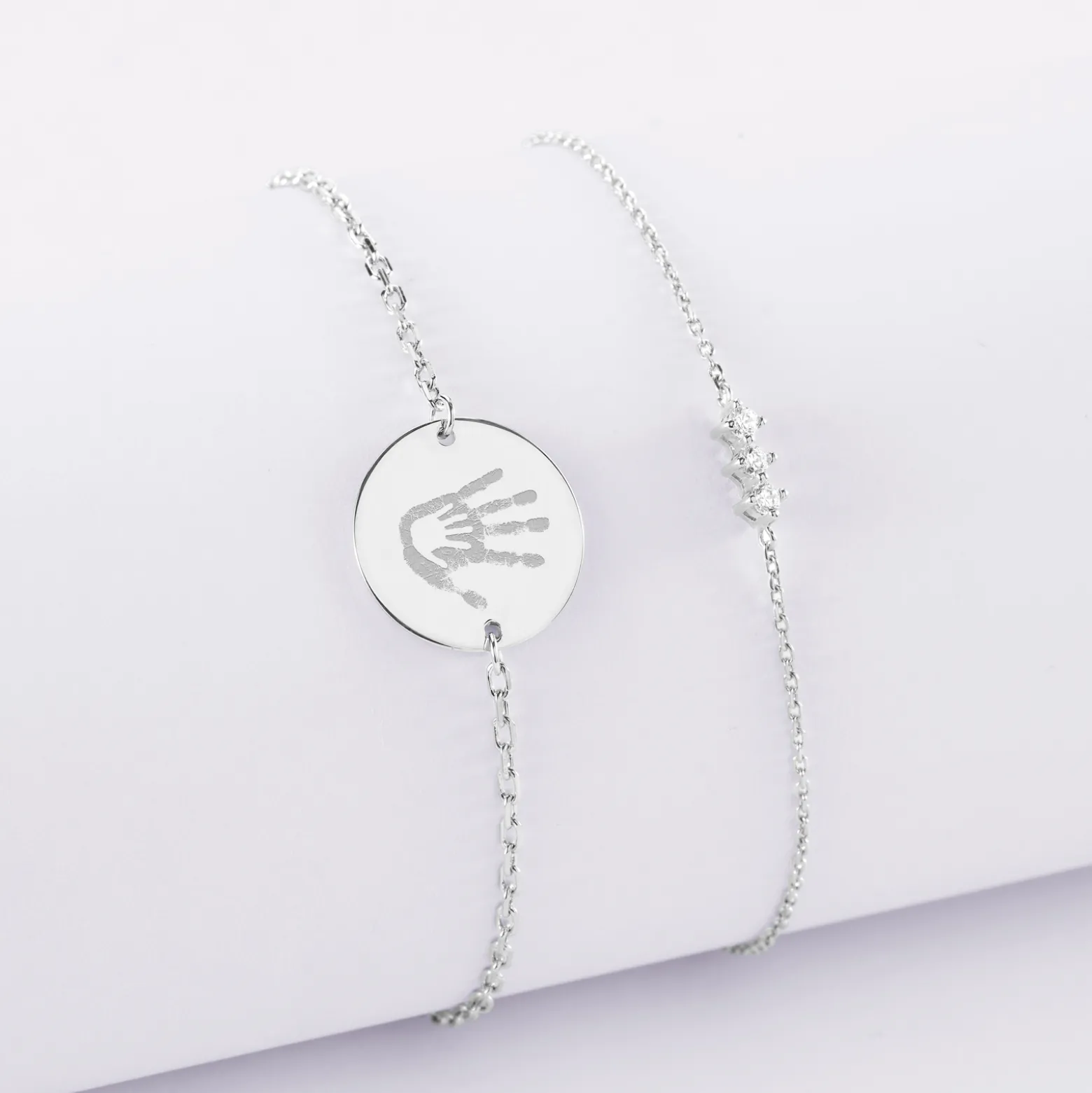 Duo bracelets personnalisés chaine trio scintillant et médaille gravée argent 2 trous 15 mm