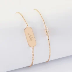 Duo bracelets personnalisés chaine trio scintillant et médaille gravée plaqué or plaque 20x8 mm