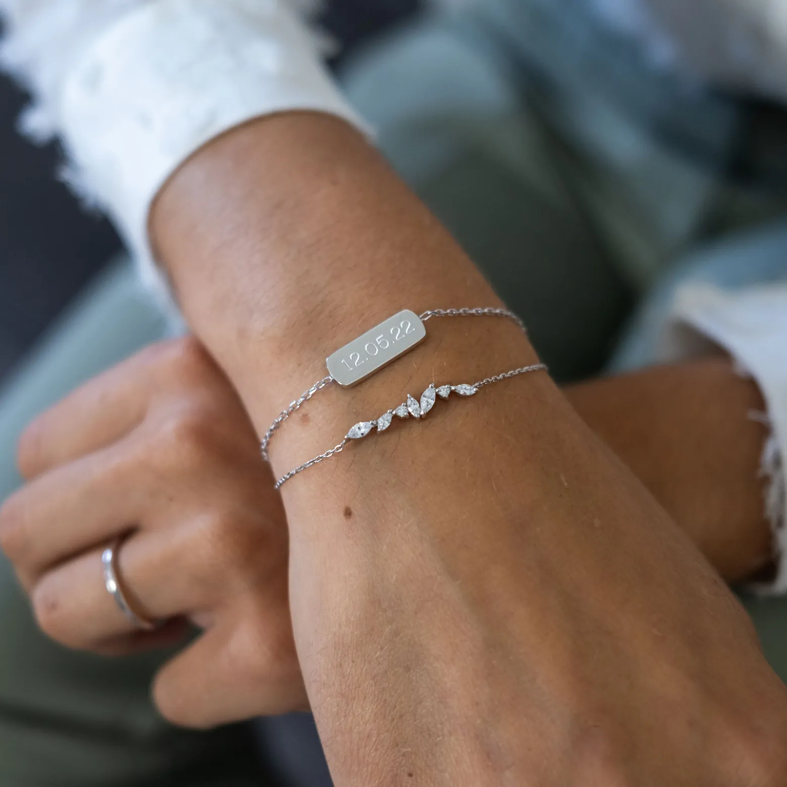 Duo bracelets personnalisés chaine barrette scintillante et médaille gravée argent plaque 20x8 mm