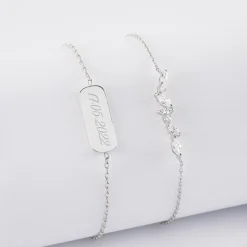 Duo bracelets personnalisés chaine barrette scintillante et médaille gravée argent plaque 20x8 mm