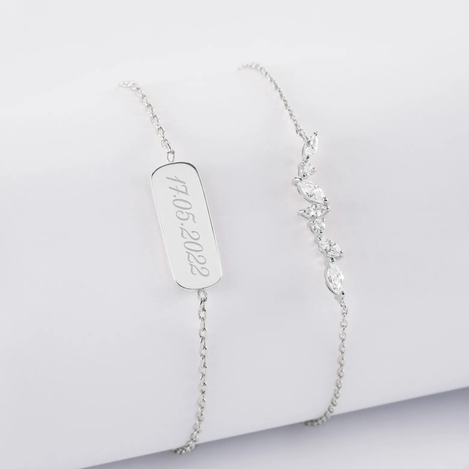 Duo bracelets personnalisés chaine barrette scintillante et médaille gravée argent plaque 20x8 mm