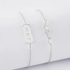 Duo bracelets personnalisés chaine barrette scintillante et médaille gravée argent plaque 20x8 mm