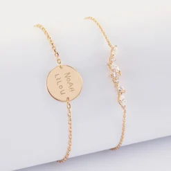 Duo bracelets personnalisés chaine barrette scintillante et médaille gravée plaqué or 2 trous 15 mm