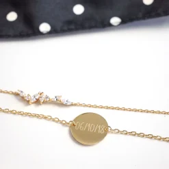 Duo bracelets personnalisés chaine barrette scintillante et médaille gravée plaqué or 2 trous 15 mm