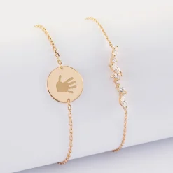 Duo bracelets personnalisés chaine barrette scintillante et médaille gravée plaqué or 2 trous 15 mm