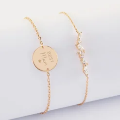 Duo bracelets personnalisés chaine barrette scintillante et médaille gravée plaqué or 2 trous 15 mm