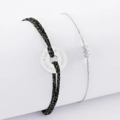 Duo bracelets personnalisés chaine trio scintillant et cordon pailleté médaille gravée argent cible 16 mm