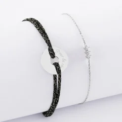 Duo bracelets personnalisés chaine trio scintillant et cordon pailleté médaille gravée argent cible 16 mm