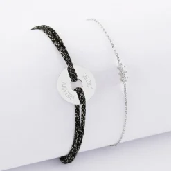Duo bracelets personnalisés chaine trio scintillant et cordon pailleté médaille gravée argent cible 16 mm