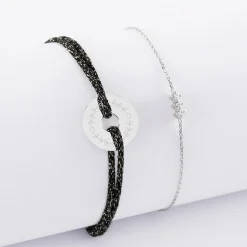 Duo bracelets personnalisés chaine trio scintillant et cordon pailleté médaille gravée argent cible 16 mm