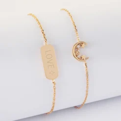 Duo bracelets personnalisés chaine lune scintillante et médaille gravée plaqué or plaque 20x8 mm - HappyBulle x Capucine