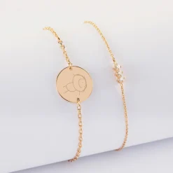 Duo bracelets personnalisés chaine trio scintillant et médaille gravée plaqué or 2 trous 15 mm