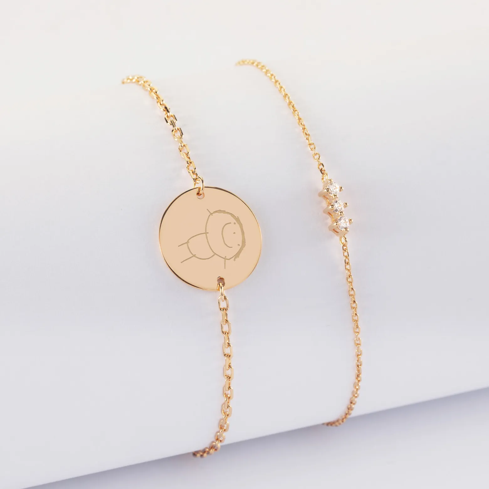 Duo bracelets personnalisés chaine trio scintillant et médaille gravée plaqué or 2 trous 15 mm
