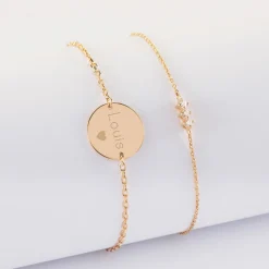 Duo bracelets personnalisés chaine trio scintillant et médaille gravée plaqué or 2 trous 15 mm